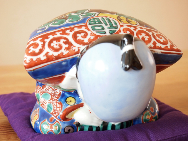 九谷焼 4号お辞儀福助 青九谷 布団付 九谷焼マルヨネ 陶芸窯和陶房