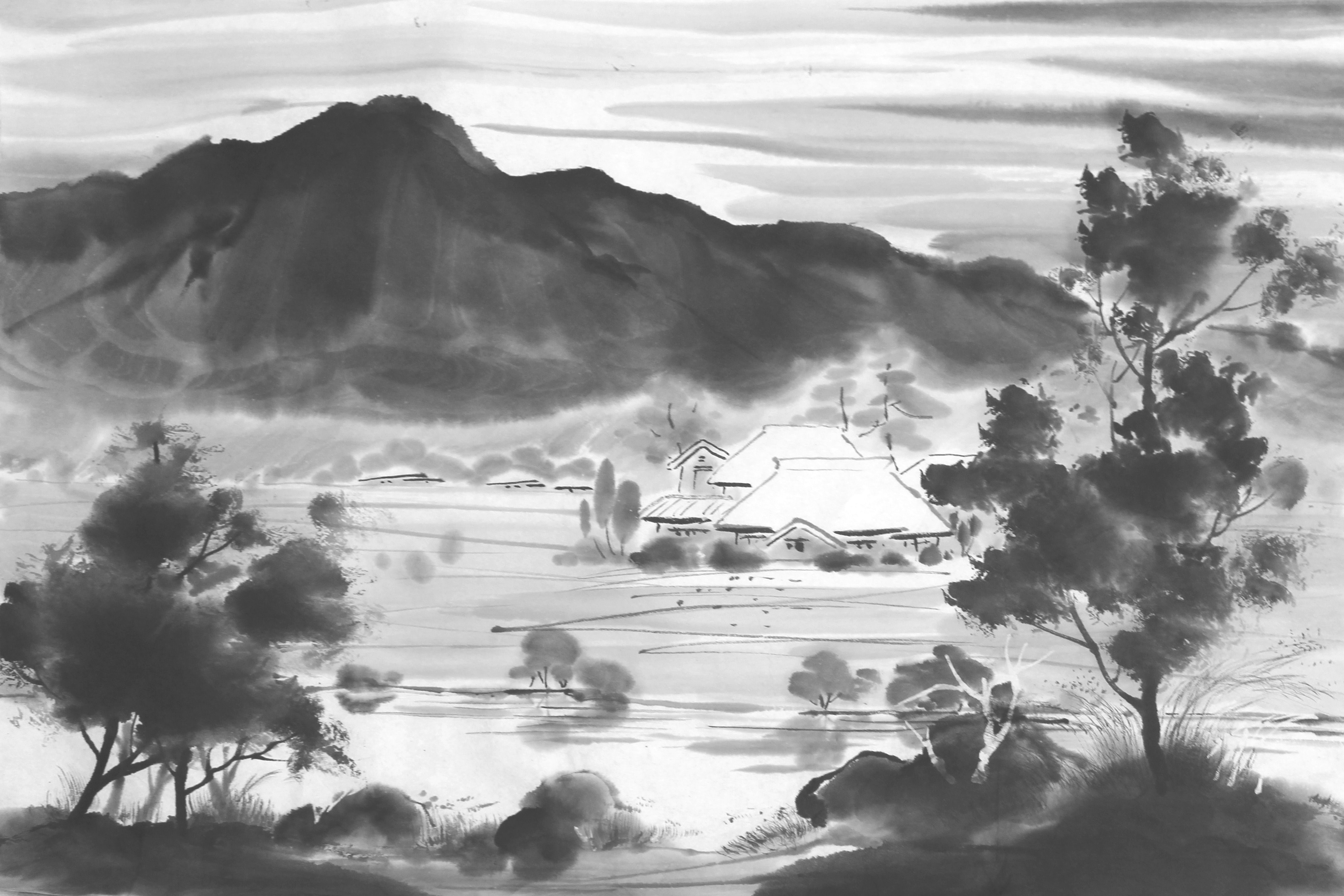 水墨画 風景画 水墨画 掛け軸 山と川の風景 巾42 鳳翩 水墨画 掛け軸