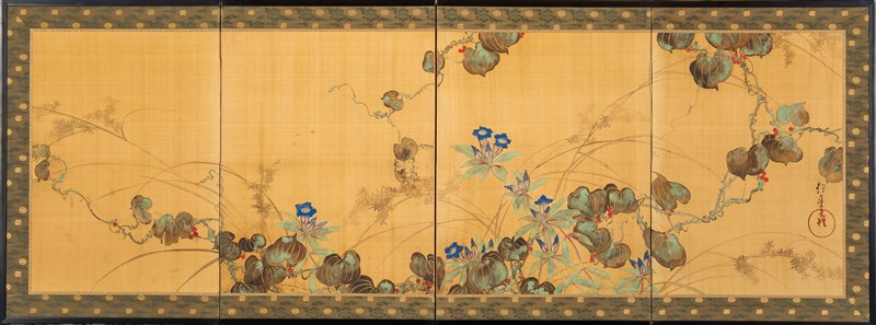 M3334 酒井抱一「月に秋草図」絹本 共箱 工芸 酒井抱一 「十