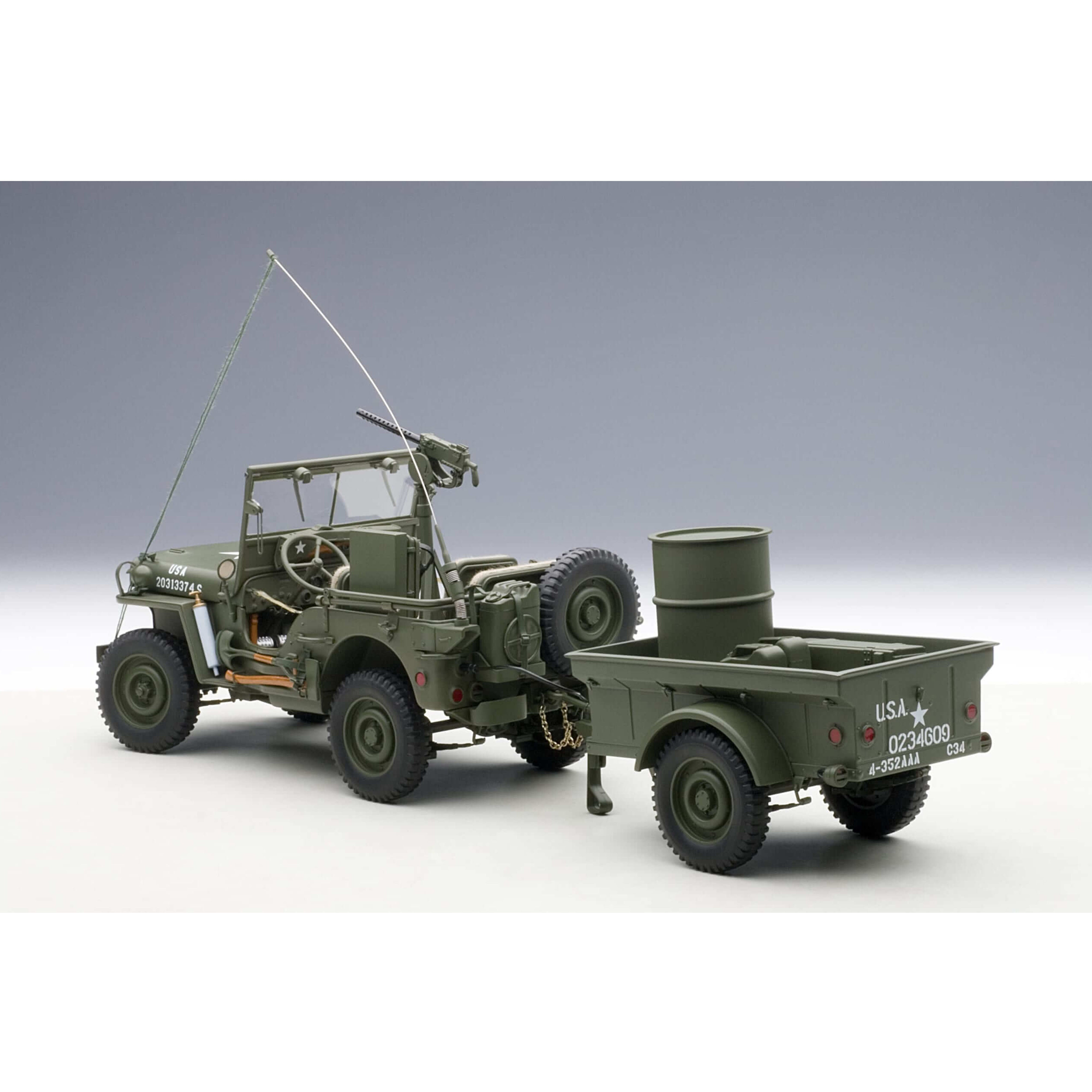 Jeep Willys with trailer Army Green 1943 1:18 – Norev