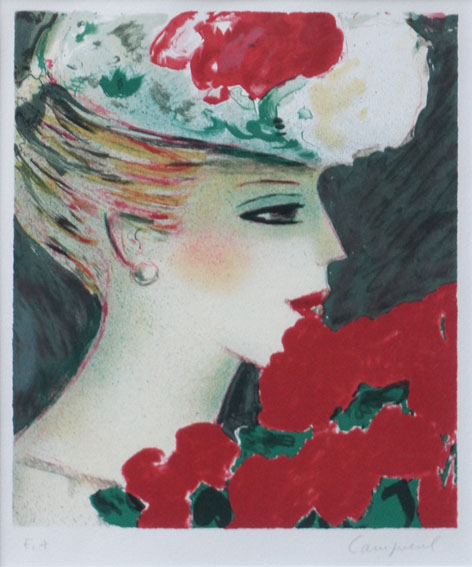 bカシニョールのオリジナルリトグラフ 「赤い花飾りの帽子」 【公式通販】