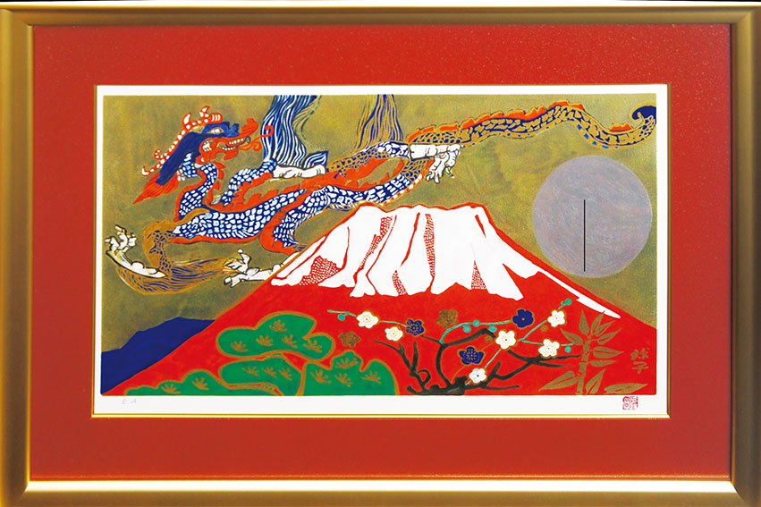 新春売り】風景画 油絵 片岡球子 赤富士圖 F8 額付き 手描き 肉筆