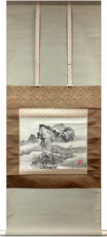 川合玉堂紙本水墨山水画【山間の渓流】肉筆画掛軸一幅軸先骨285