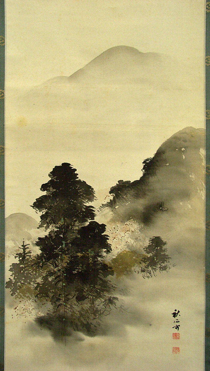 深秋渓流 掛軸 掛け軸 共箱あり 二重箱 川 山 秋 真作 37 深秋