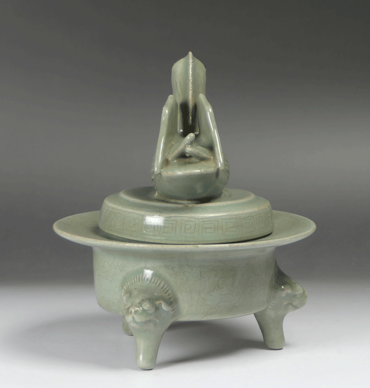 古青手九谷焼 緑釉獅子付香炉 高さ35cm 古青手九谷焼 緑釉獅子付香炉