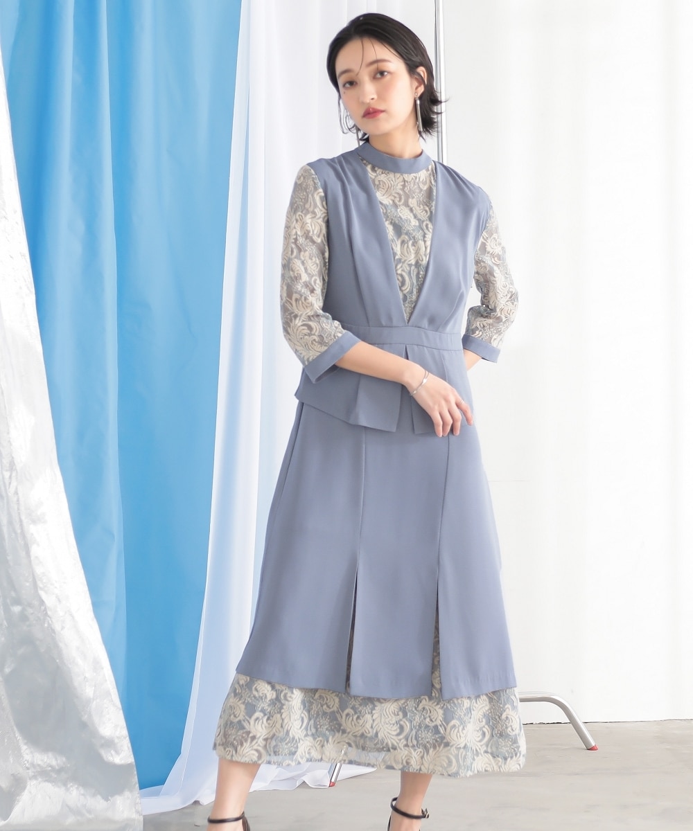 結婚式・パーティー・オケージョンドレス】スタンドカラーレース切替