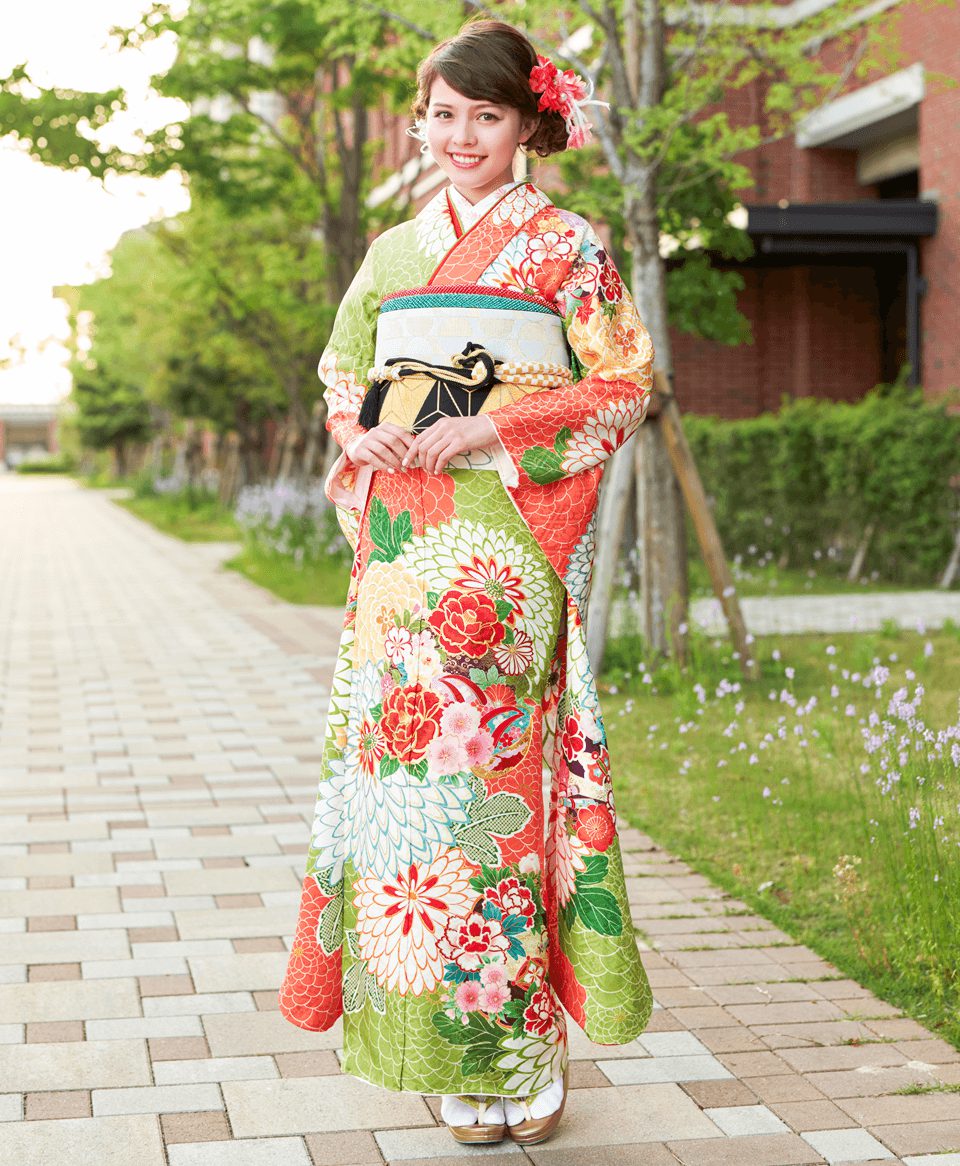 グリーン地に大菊[FS0783] | 成人式振袖レンタル京都さがの館