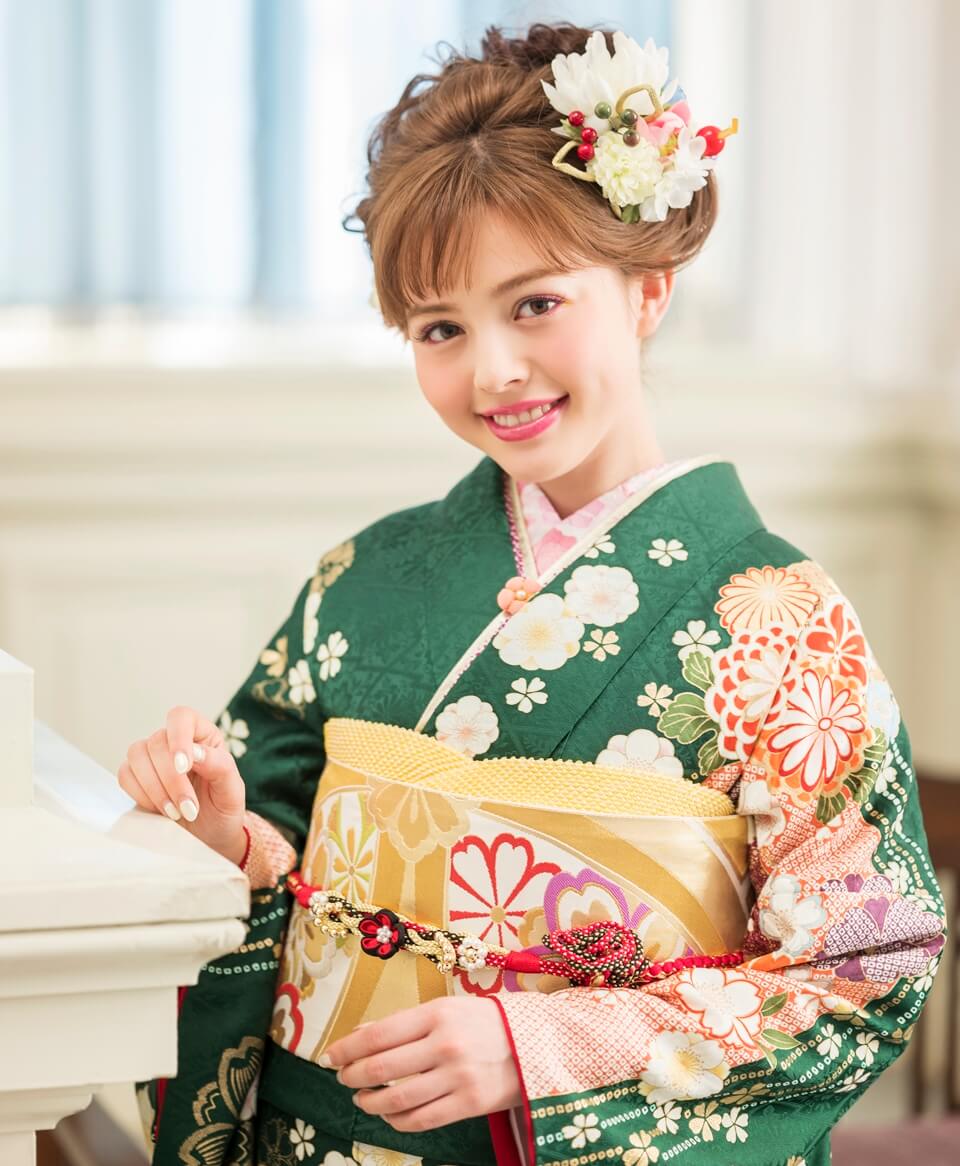 502z21.半衿〇京都きもの友禅 振袖 地紋 金彩 桜 花 緑〇美品 成人式