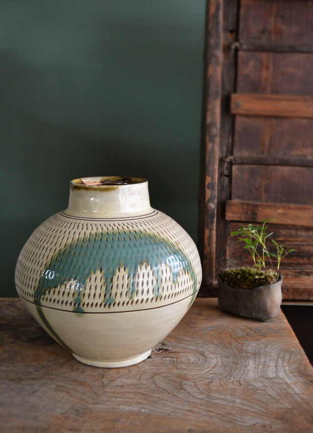 64 昭和レトロ 陶磁器シリーズ」小石原焼 太田窯 二彩 胴太 花瓶 小石原焼