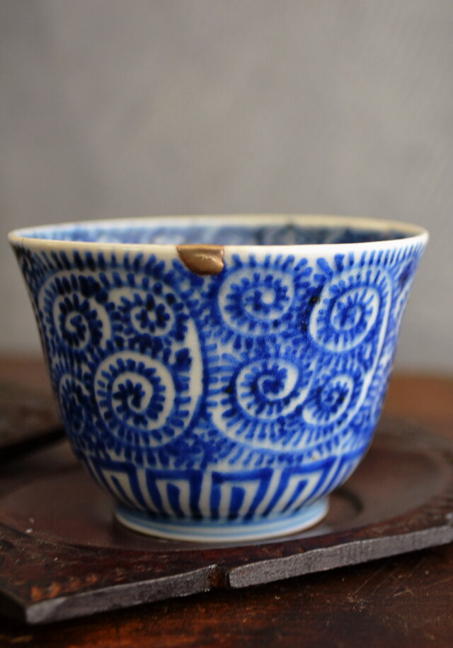 煎茶道具 清 古染付『唐子遊戯図』煎茶碗五客セット 端反口縁/☆時代物