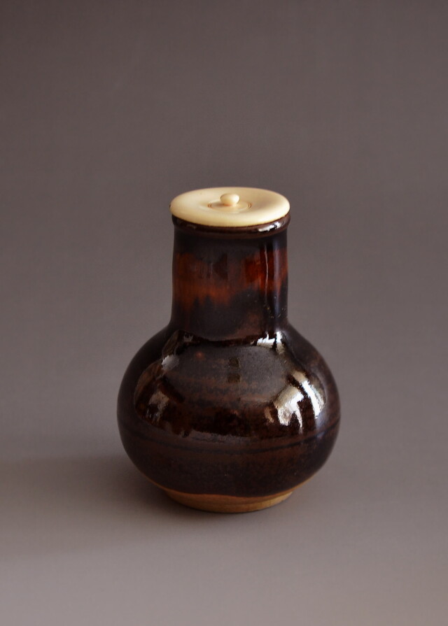 茶道具 京焼 清水焼 桶谷定一作 鶴首茶入 仕覆付 共箱 V R6206