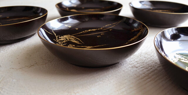 漆器 輪島塗 本蒔絵磨出金彩 木製 中皿&豆皿 10客 5