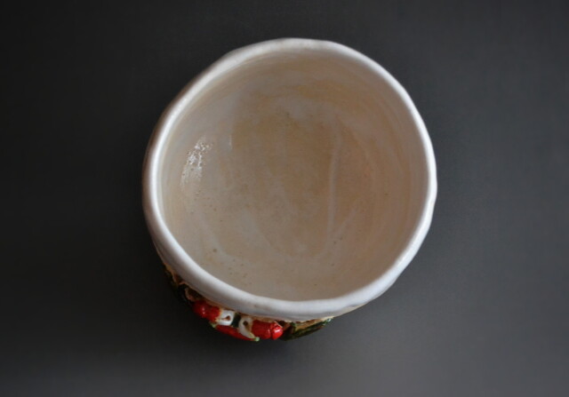 カニ彫白楽茶碗 水月焼 好川恒方作Antique Sam's Collection 茶道具