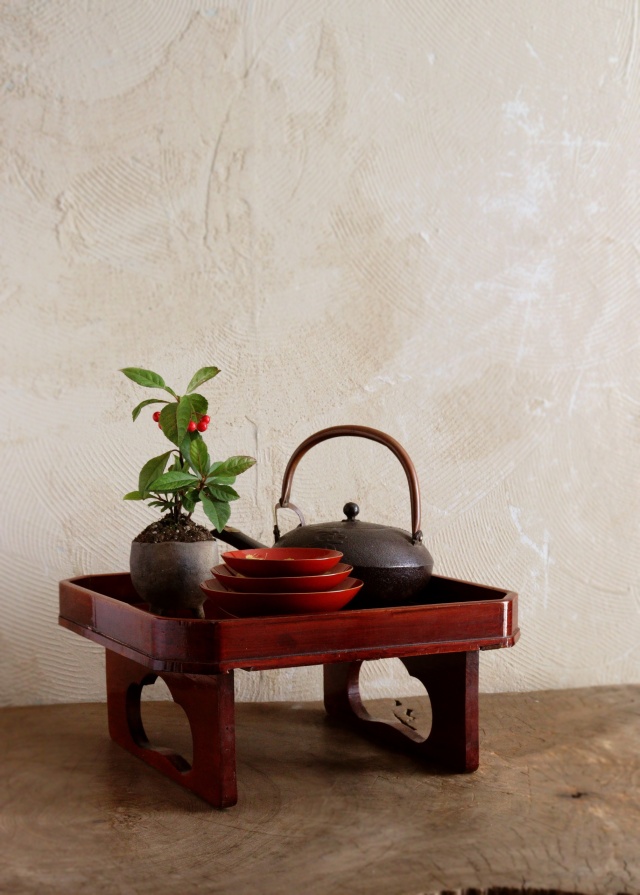 デッドストック！前大峰作！極上沈黒草文の脚付四方膳3点（検輪島塗お