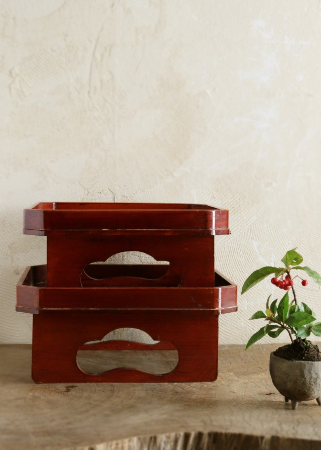 明治40年 輪島塗 大極上本堅地 足付き膳 供養膳 +丸盆2枚 明治40年