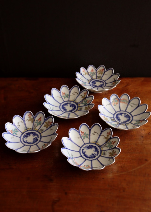 古伊万里 色絵 窓絵 菊に桔梗の図 膾皿 5客 C001AS-CWa