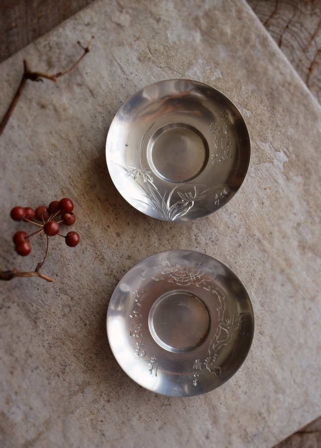 純錫圓式茶托 5枚組 秦蔵六作 四君子霊芝 茶器