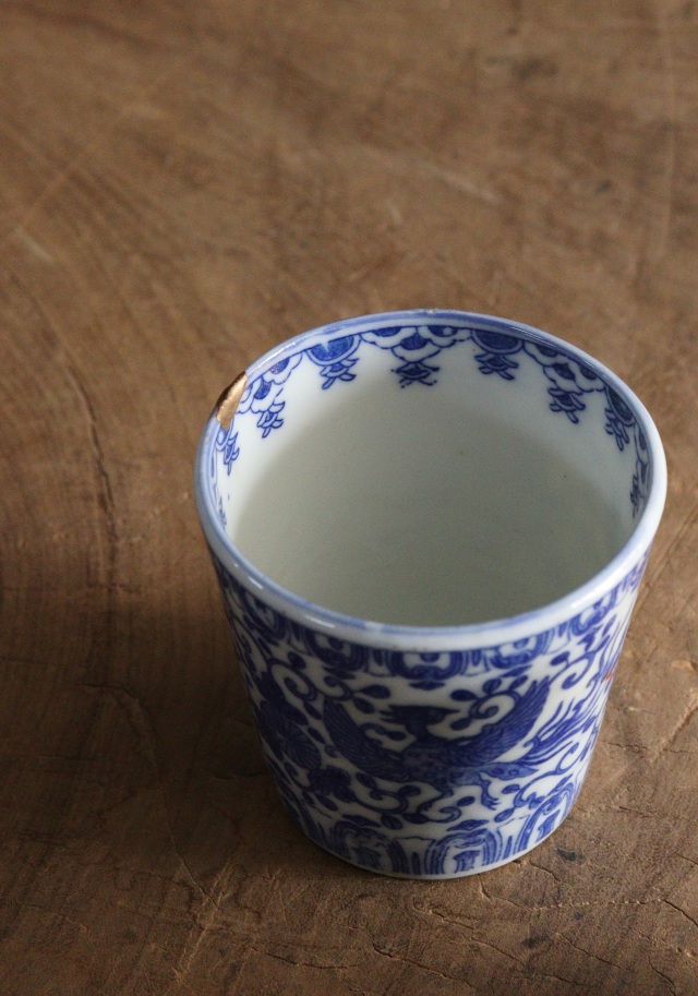 染付印判蕎麦猪口 桐菊唐草鳳凰紋 ソバ猪口 2客 金継Antique Sam's