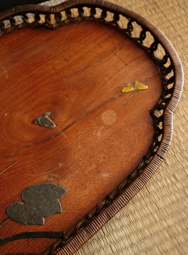 芝山象嵌蒔絵 ムクゲ紋長盆 蒔絵盆籐編 螺鈿 民藝 煎茶盆 民藝