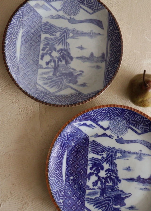 長丸皿 3枚 歪み 変形皿 花唐草 印判 染付 明治 大正 長丸皿 3枚 歪み