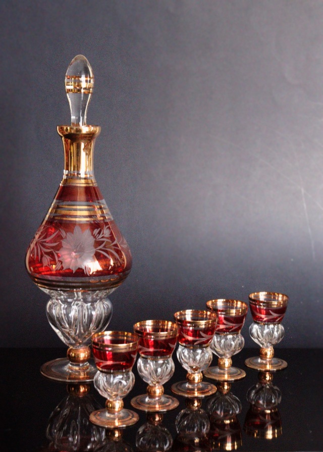 ボヘミアングラス デキャンタ ショットグラス6個セット □【未使用