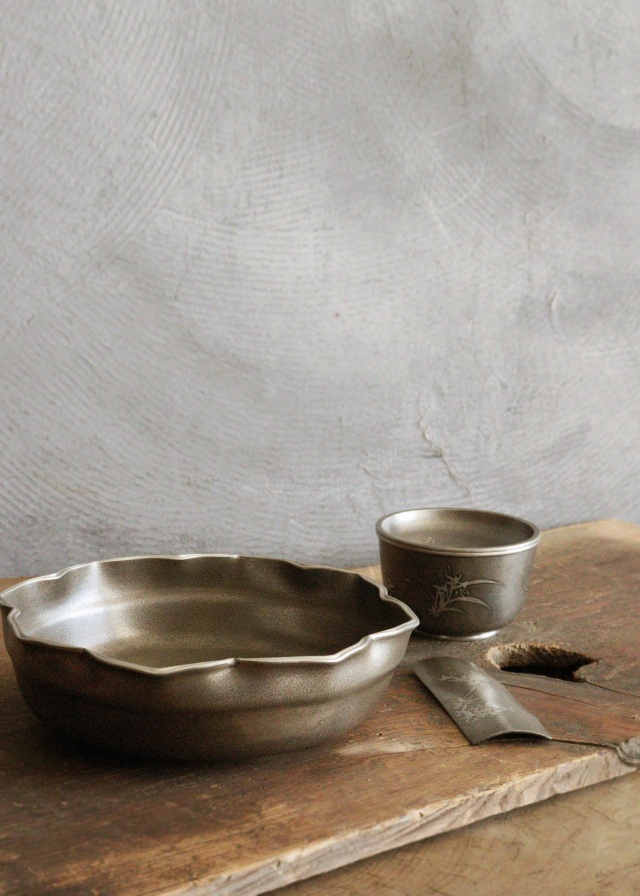 錫製茶器セット 菓子器 茶こぼし 茶則 間村自造 四君子 茶盤