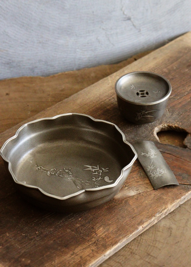 茶道具 唐物 錫 建水 煎茶道具 旧家蔵出 時代物 唐物 古錫 建水 煎茶
