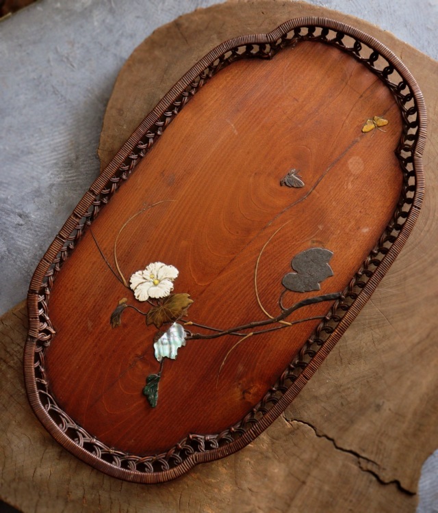 芝山象嵌蒔絵 ムクゲ紋長盆 蒔絵盆籐編 螺鈿 民藝 煎茶盆 民藝