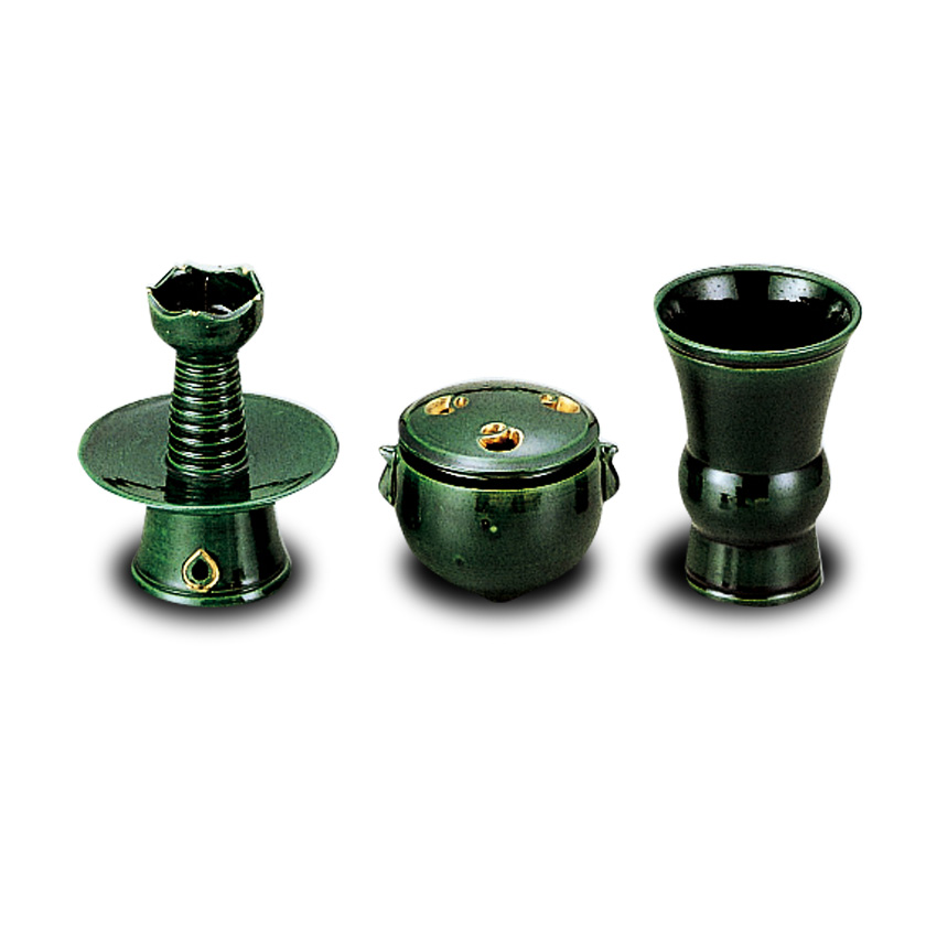 茶道具 三具足 三ツ具足 和造 青 利休忌 香炉 花立 燭台 茶道具 香炉
