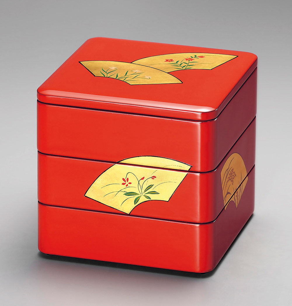 重箱弁当箱-【箔蒔絵】越前塗 扇面草花 6寸 三段重 | 越前漆器粂治郎