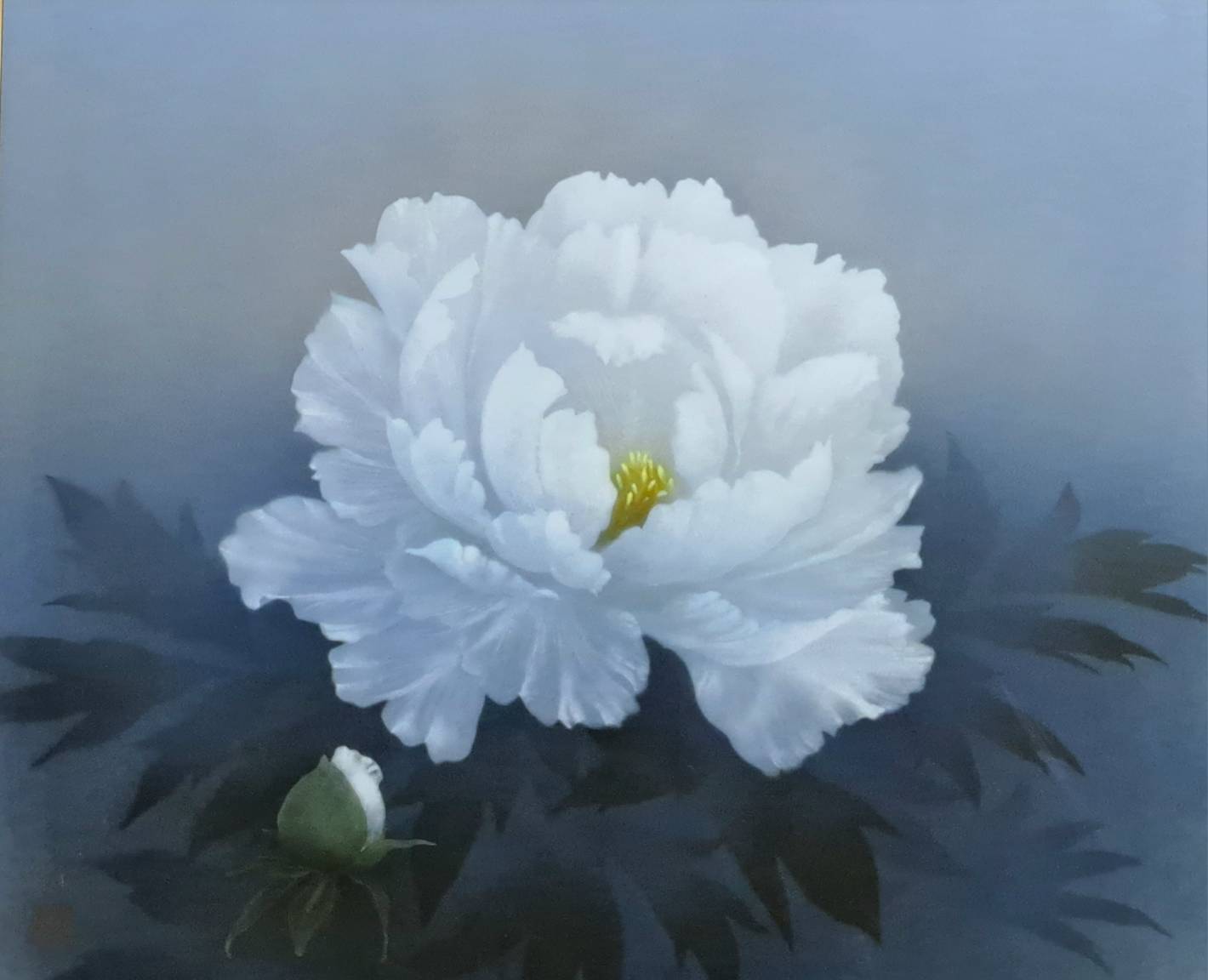 レア美品 中国作家の絵画作品(大) 満月夜の池鴛鴦牡丹図(