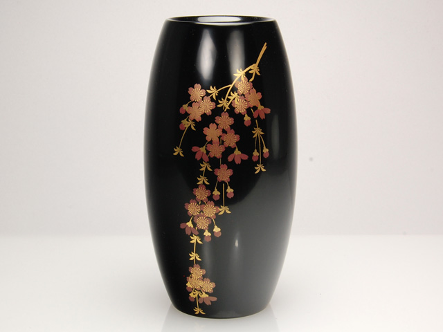 木製本漆塗 白木屋漆器店オンラインショップ＜黒＞7.0胴張形花瓶 しだれ桜