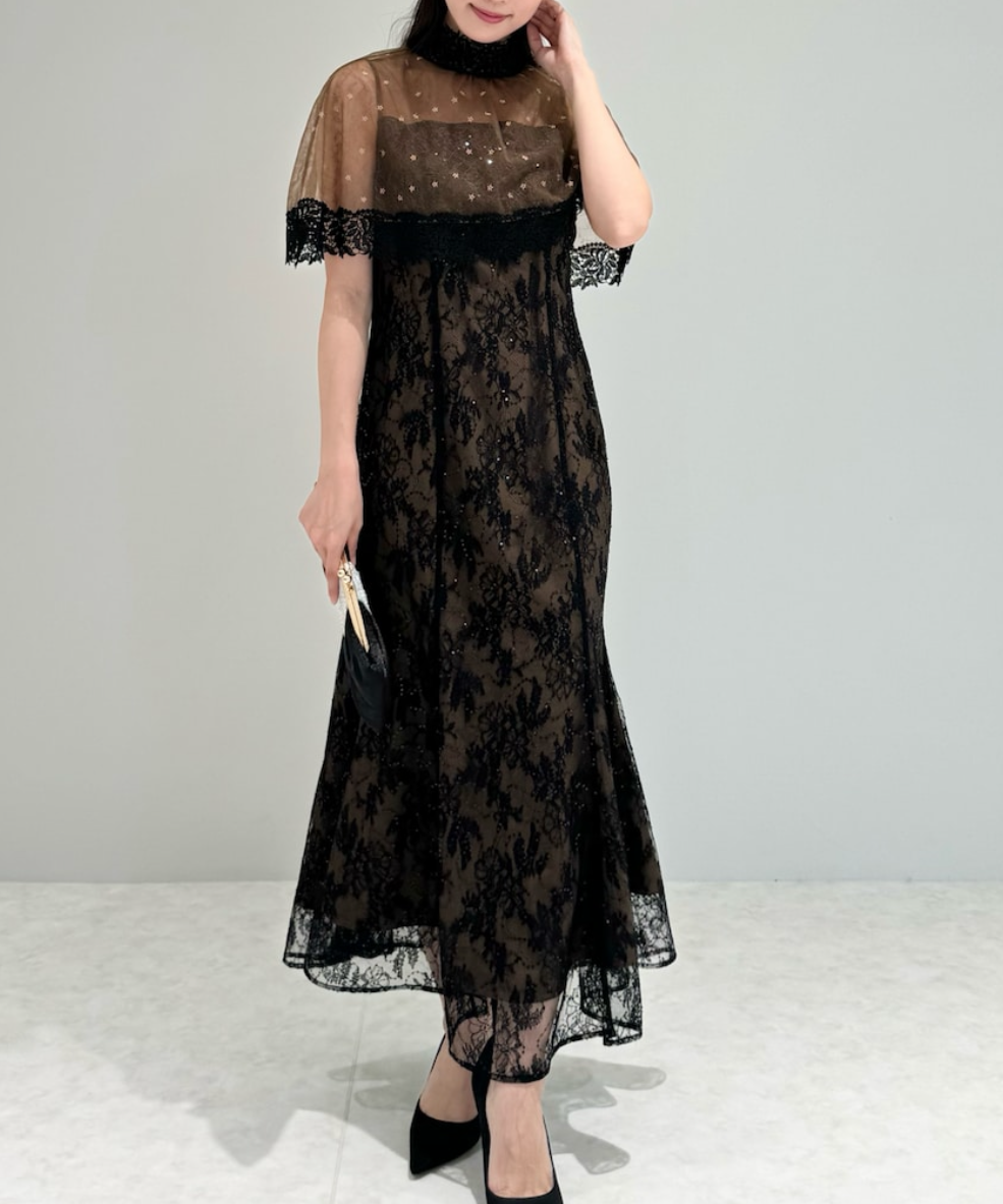 Mサイズ】ハイネック花柄レースボレロ付きシースルースパンコール