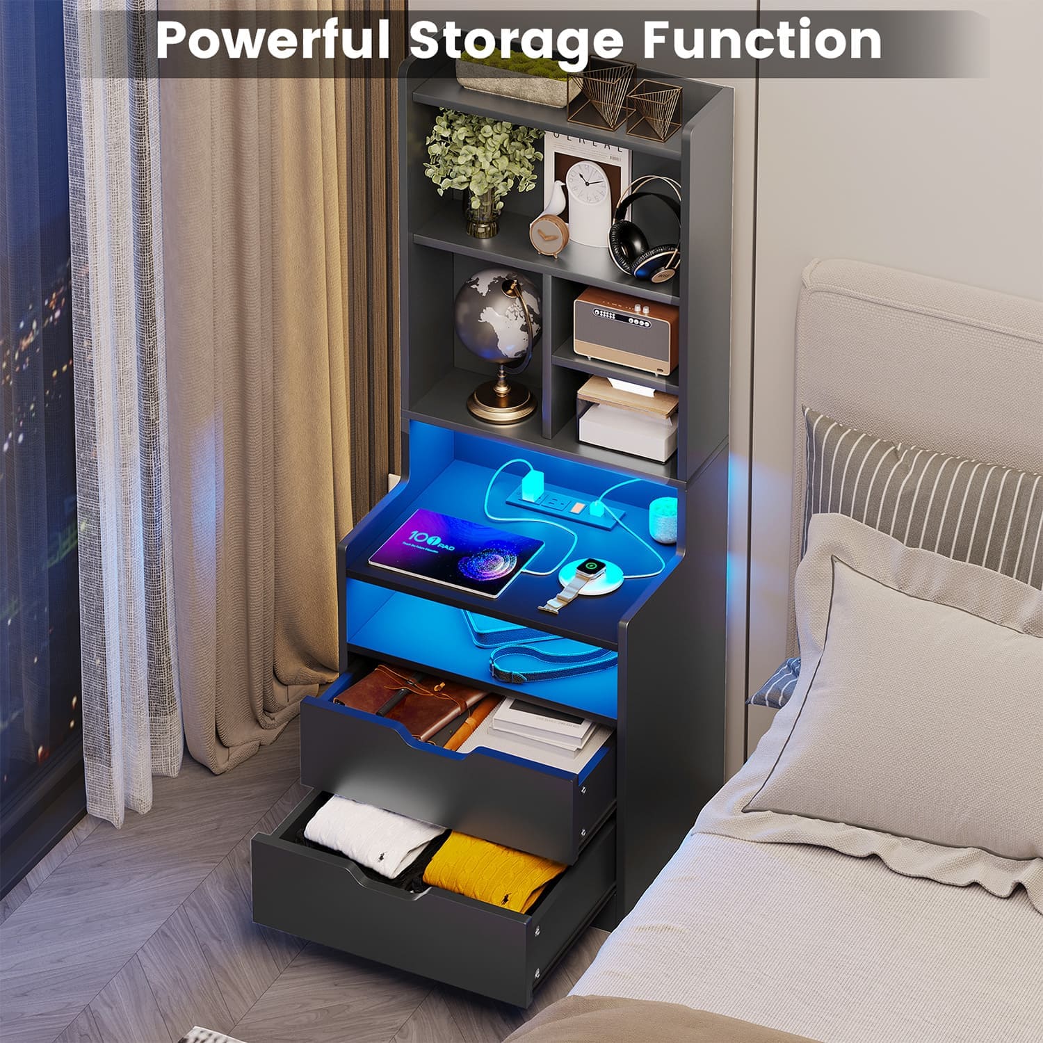 LED Tall Nightstand with Bookshelf Charging Station Black | Sikaic