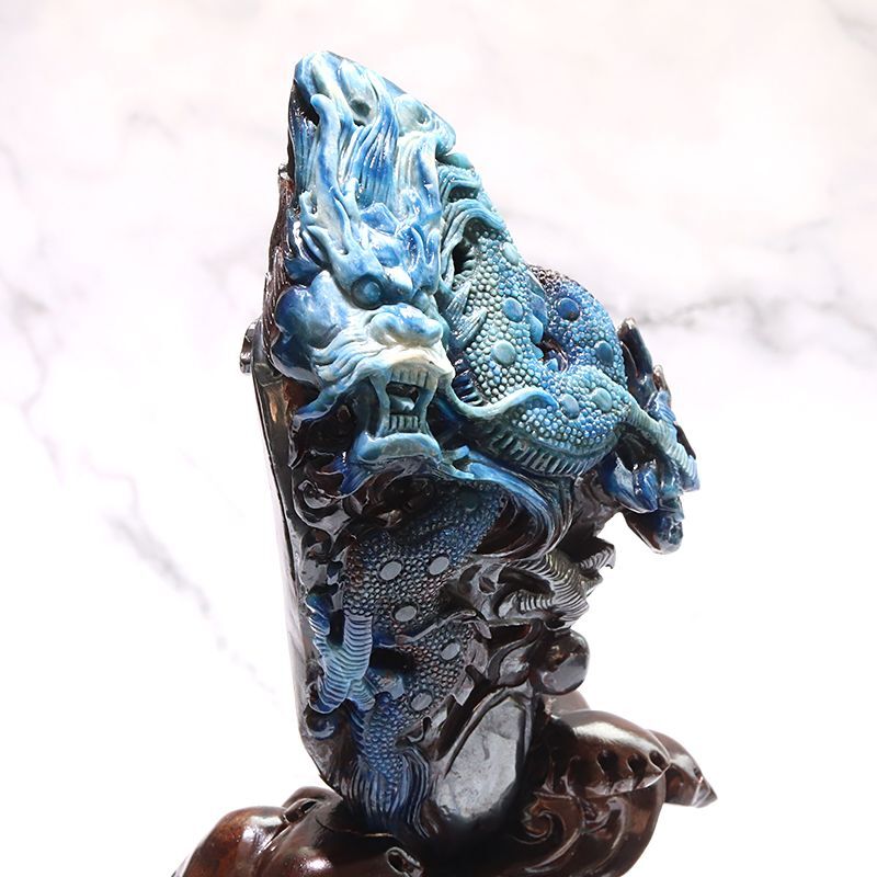 置物 ブルースギライト 龍 アフリカ産 手彫り 台付き エネルギー 健康
