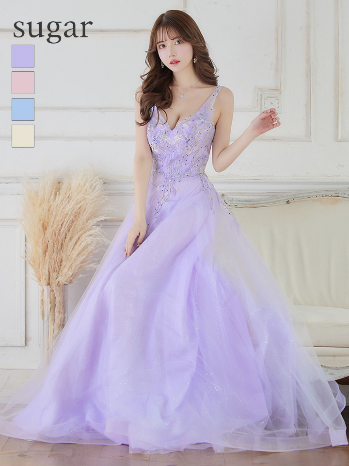 紫色フラワー刺繍Aラインドレス