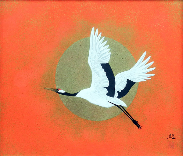 加山又造 「飛翔」 木版画 作品シート左・下に刻印、額裏に作品証明