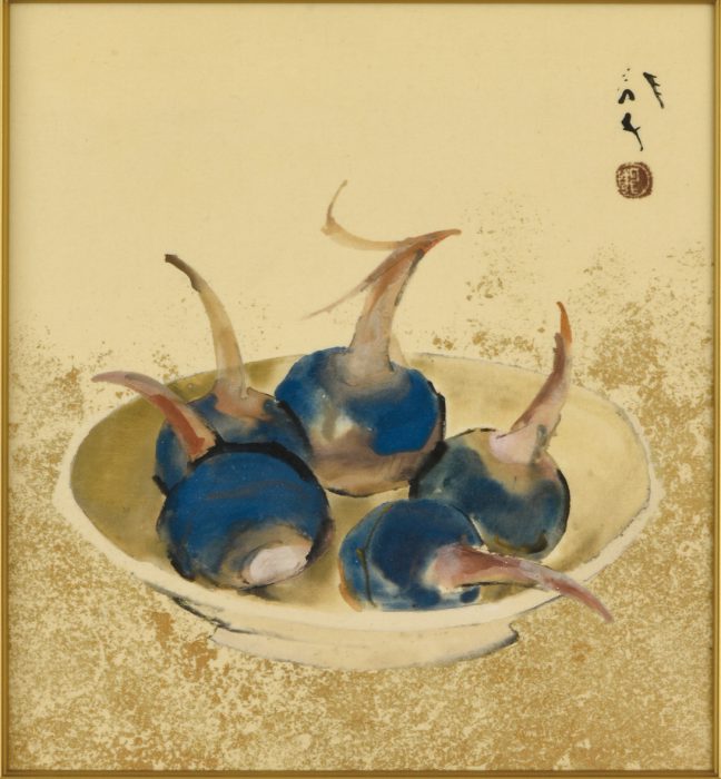 No3711額装川端龍子熊笹に貝図絹本在銘落款日本画絵画送料無料