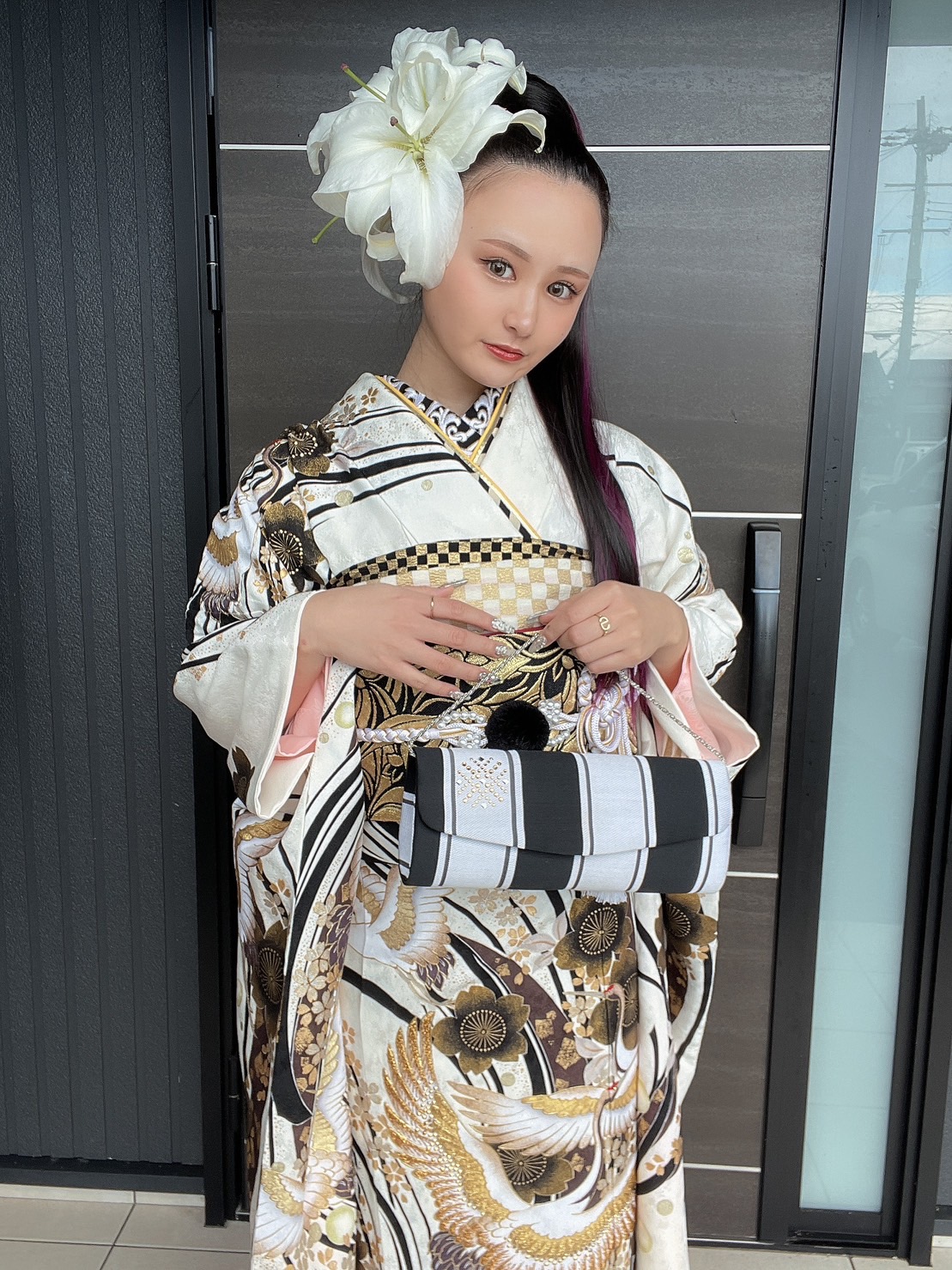 B5 鶴に季節の花々 金彩 正絹 袷 振袖 着物 成人式 K15 B5 鶴