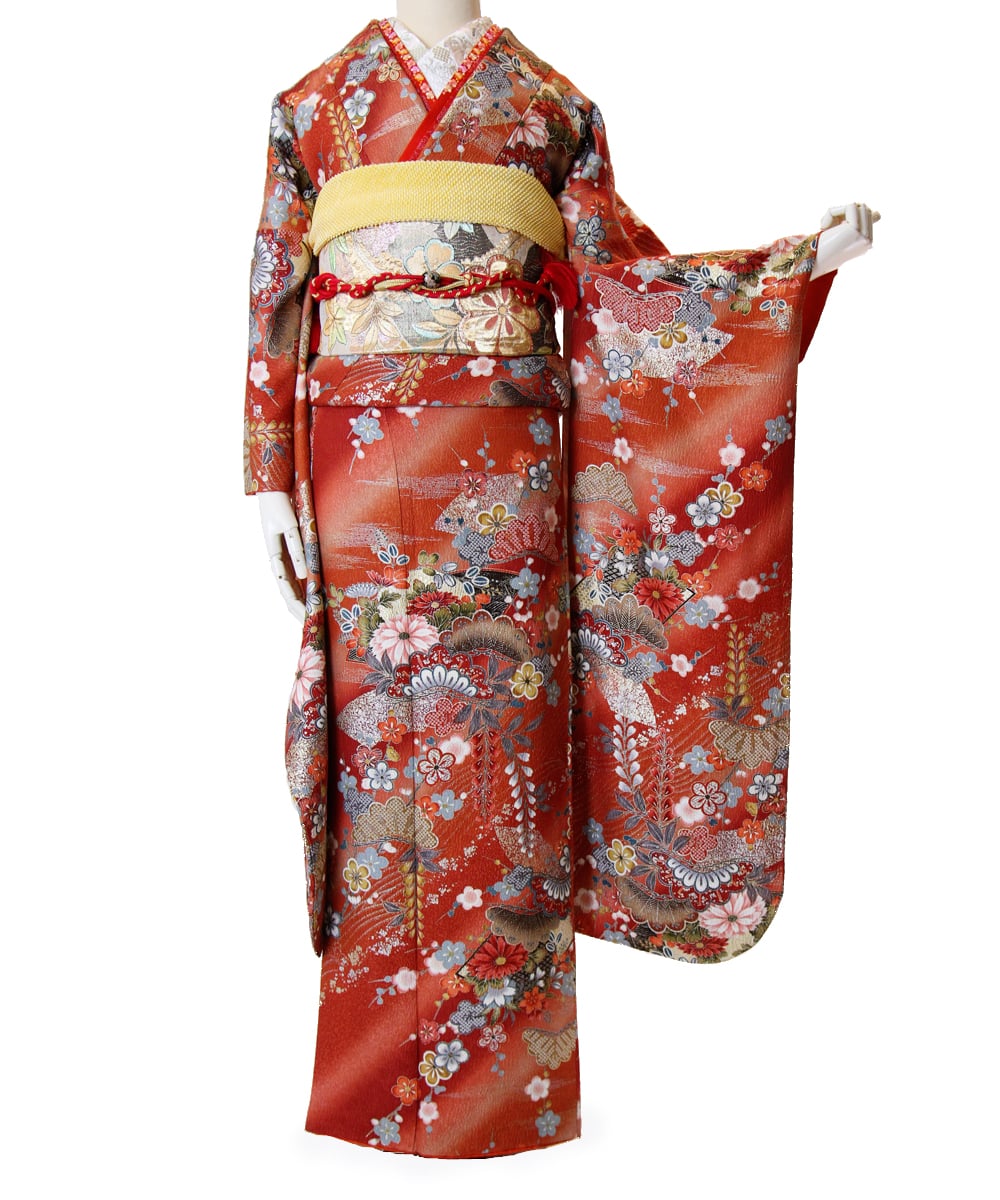 成人式/参列/振袖】お祝いの席に華やか振袖◇赤茶総友禅模様 / 成人式