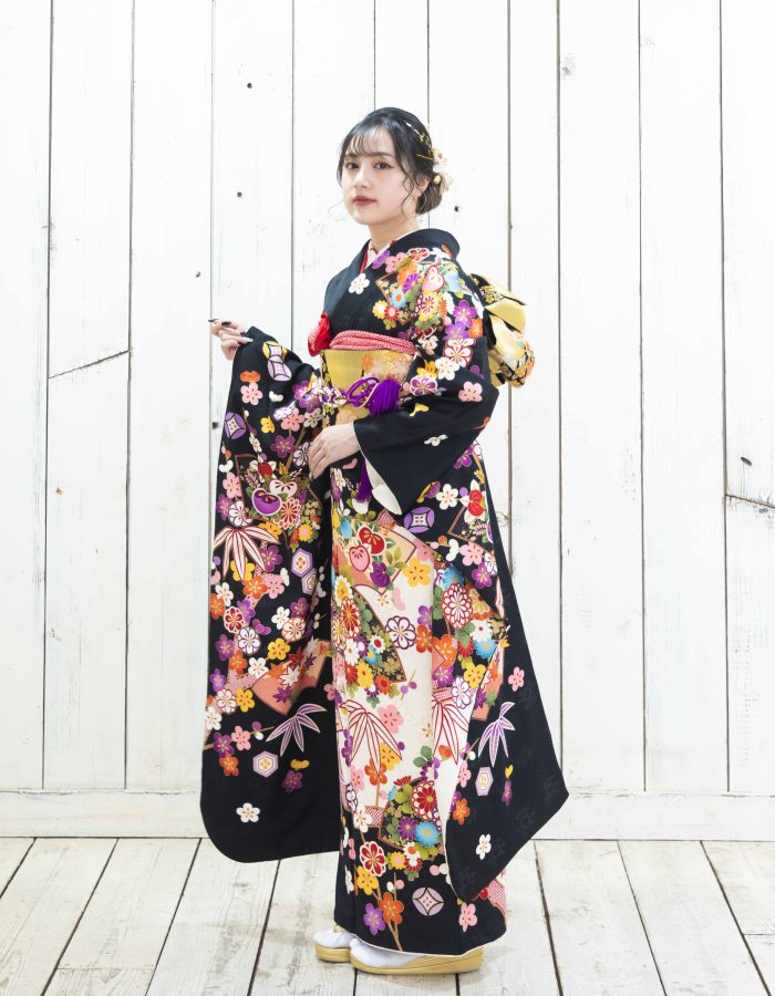 紫黒色 松竹梅 振袖 身丈163 紫黒色 松竹梅 振袖 身丈163 振袖】紫/黒