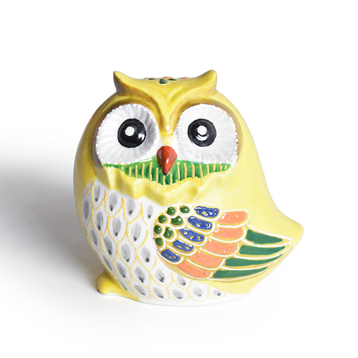 九谷焼ふくろう梟置物縁起物黄色風水イエロー金彩色絵