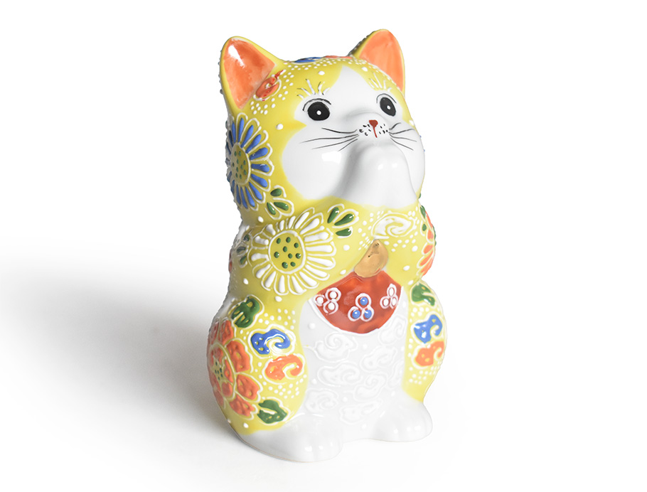 九谷焼 招き猫 置物 九谷焼 珍品 大笑い猫 招き猫 黄盛 九谷焼 招き猫