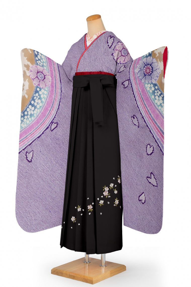 卒業式レンタル 振袖Lサイズ＋袴セット 総絞り 桜舞 紫｜着物レンタル