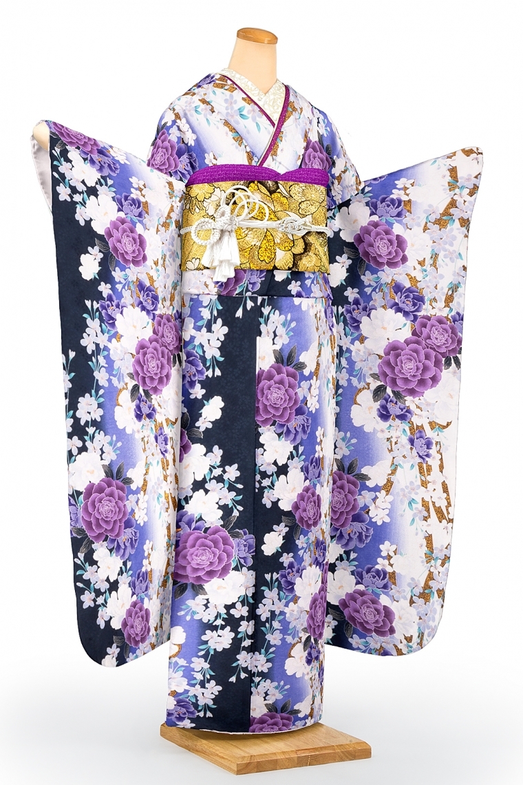 振袖レンタル 振袖Mサイズ 花小紋 白/紫/青｜着物レンタル 安心フル