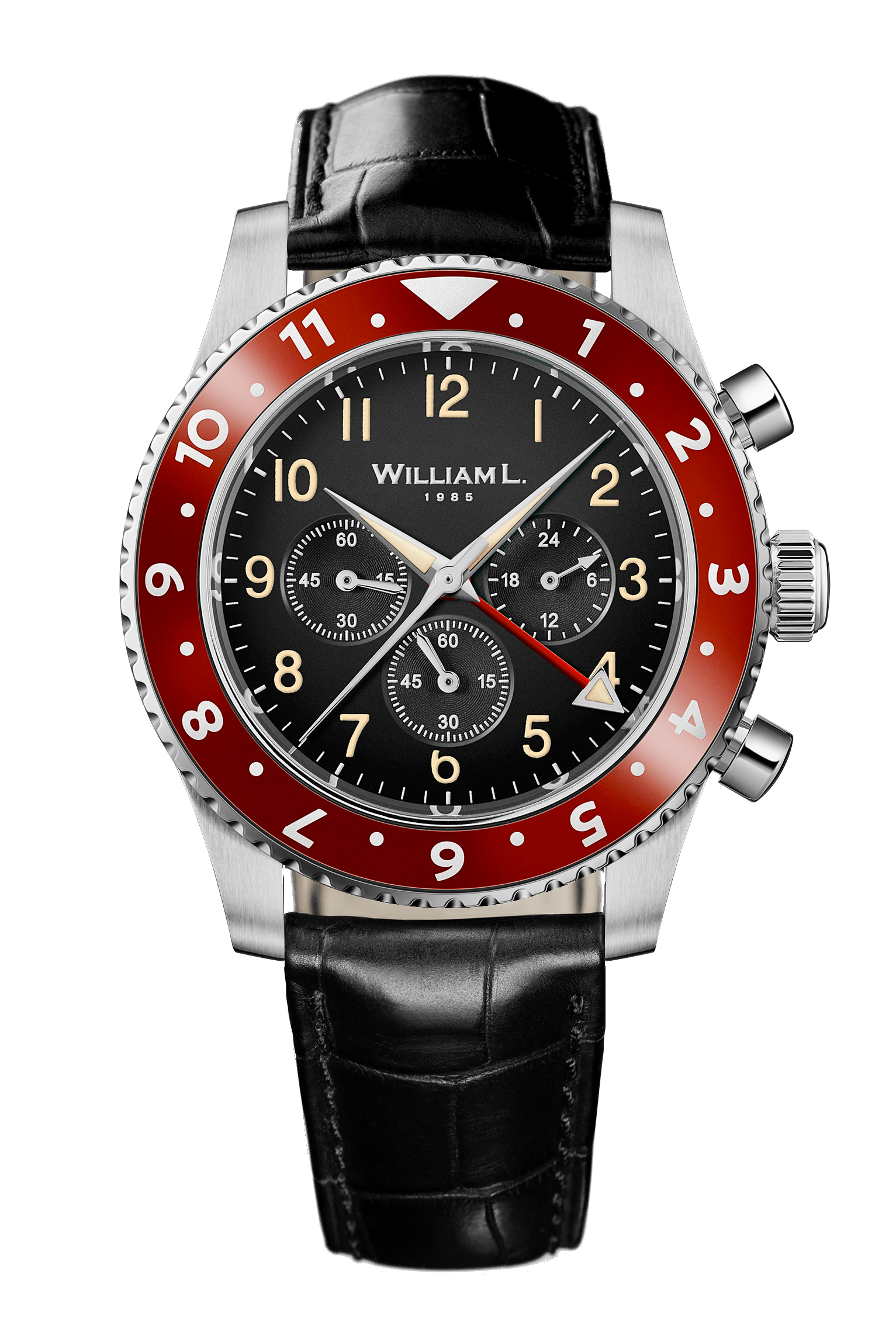 William L. 1985: Chrono Dual Time - Red Bezel - Metal Bracelet