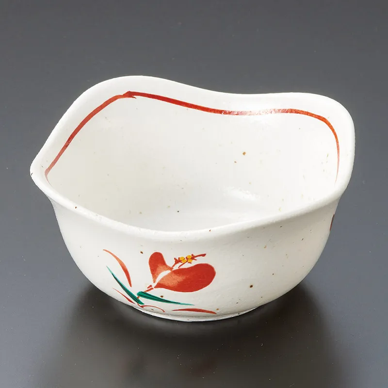 赤と白の花模様 深鉢 粉引手書赤絵花楕円7.0深