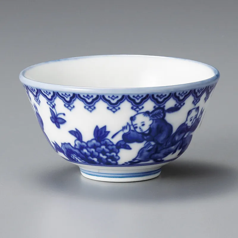 煎茶道具 清 古染付『唐子遊戯図』煎茶碗五客セット 端反口縁/☆時代物