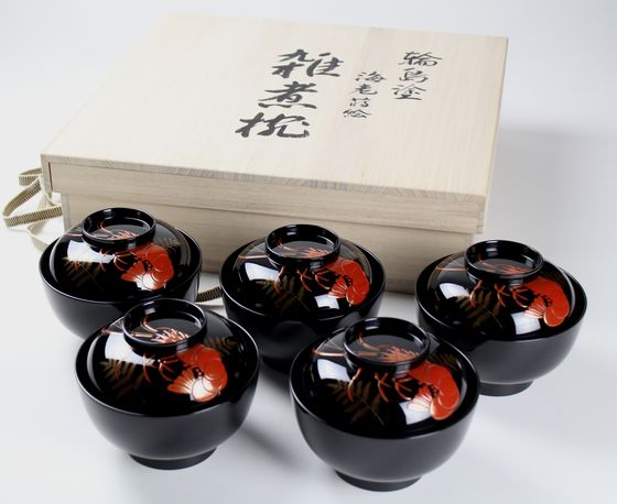 輪島塗 大向高洲堂 黒一筆 煮物椀 五客 共箱 輪島塗 大向高洲堂 煮物椀