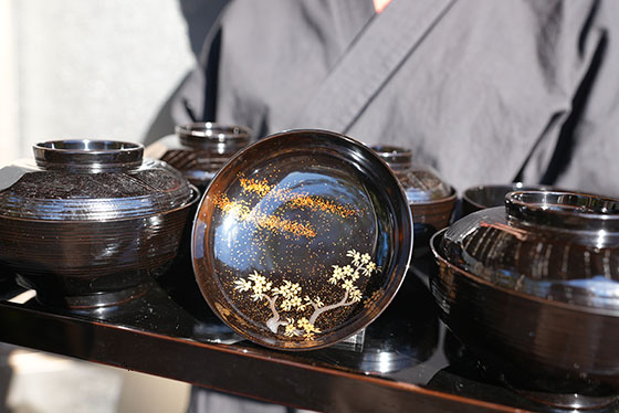 未使用 輪島塗 漆器 茶平一斉 茶道具 桜に川 紅葉模様 銘々皿 5